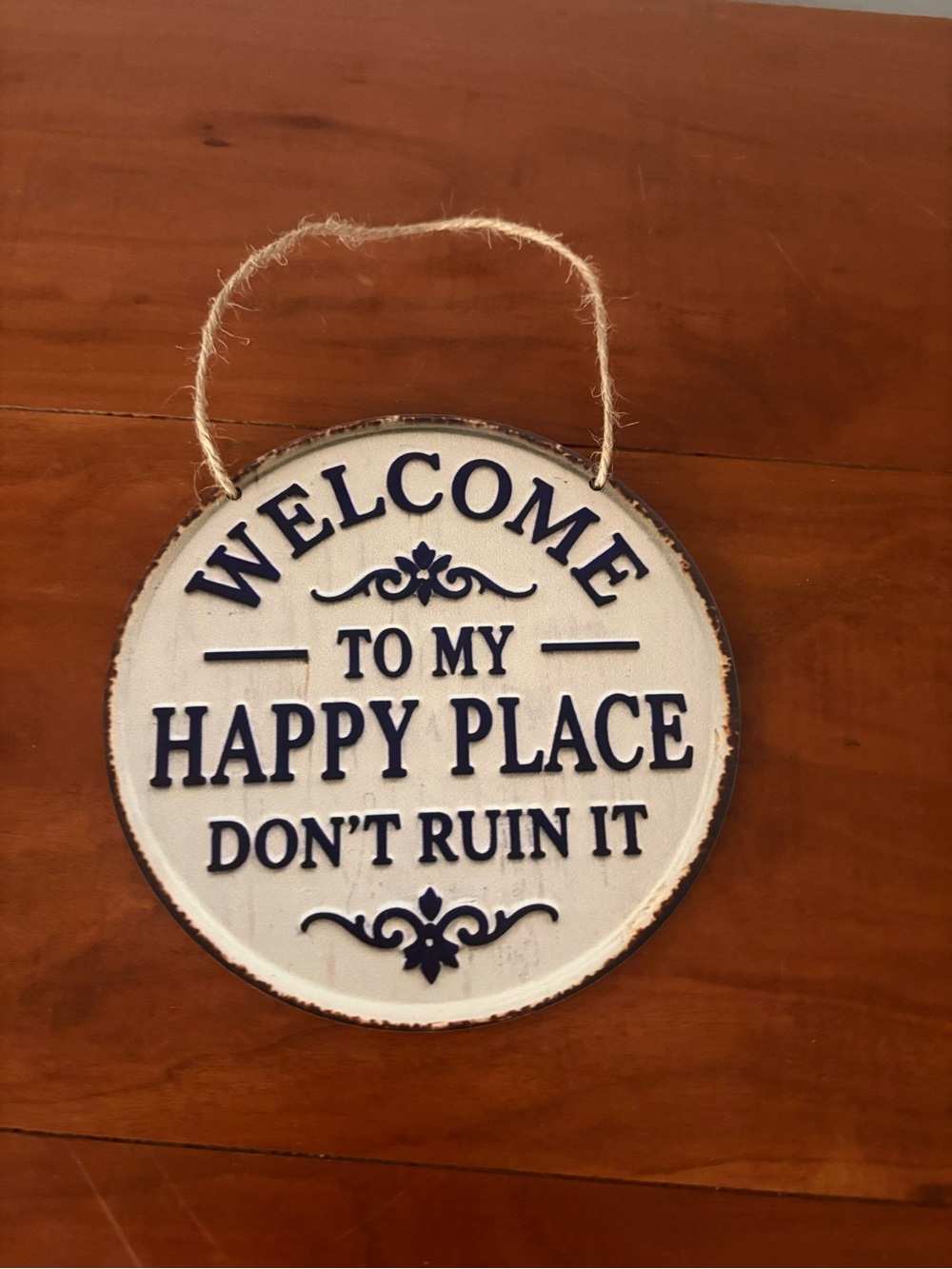 Welcome to My Happy Place Round Wall Plaque - Navy on Cream
